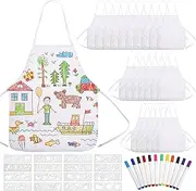 Pllieay 52 PCS DIY Kid Aprons, Toddler Apron White Aprons for Kids with Colored Pen and Journal Stencils for Painting, Kitchen, Cooking, White