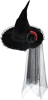 Gothic Wicked Witch Hat with Veil for Women Baroque Black Rose Pointed Hat Lace Witch Cap Halloween Party Masquerade Cosplay Costume Accessory Adult
