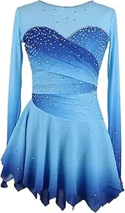 [Zagitova] Ice Figure Skating Dress for Girls, Women's Mesh Patchwork Long Sleeves Skating Jumpsuit Dancewear