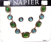 New NAPIER Gold Tone NECKLACE & EARRINGS Blue Sets & Green Faceted Acrylic MOP
