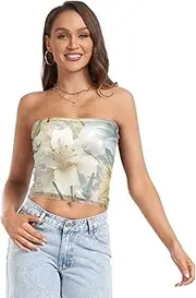 [FRODOTGV] Vintage Birds Flower Butterfly Womens Strapless Tube Top with Mesh Strapless Bra for Women Tube Crop Top for Summer Gym
