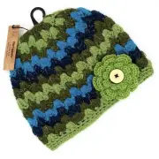 Pier 1 Imports Crochet Beanie Hat OS Green Blue Silver Metallic Flower Retro NWT
