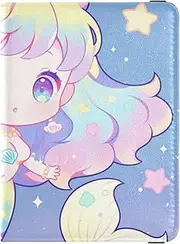 [Amooorous] Chibi - Style Cute Mermaid Colorful Leather decorative Passport Card Holder Cover Combo Vaccine Case Protector Cover Travel Passport Wallet With Vaccination Card Slot Ultra Slim, chibi - style cute