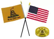 Gadsden Yellow Snake Don't Tread on Me w/ USA Flag 4"x6" Desk Set Gold Base
