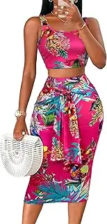 [Floerns] Women's 2 Piece Outfit Scoop Neck Crop Tank Top Tie Front Pencil Skirt Set