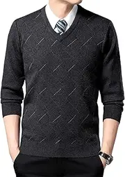 [Qolkmuiy-GJ] Men's Contrast V Neck Sweater Classic Slim Fit Cotton Sweatshirt Knitted Long Sleeve Jumper Pullover, Dark Grey 1, XX-Large