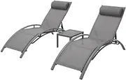 Gardeon 3PC Sun Lounge Outdoor Lounger Steel Table Chairs Patio Furniture Grey
