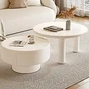 EKDJSN White Nesting Table Set, 31in+24in Center Table with Large Storage Drawers, High-Leg Design, Sturdy and Easy Assembly, Stacking Tables for Living Room Balcony Office