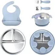 Stainless Steel Baby Plates with Suction, Divided Plates for Baby Feeding with Bowl Fork Spoon Bib, Microwave-Safe Led Weaning Supplies Tableware for High Chair Travel Outdoor Indoor Table