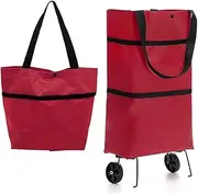 INHEMING Folding Shopping Trolley,Shopping Trolley on Wheels,Reusable Shopping Tote Bags,Lightweight Shopping Cart - Red