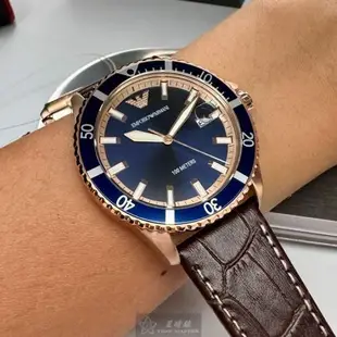 ARMANI手錶, 男錶 42mm 玫瑰金精鋼錶殼 寶藍色簡約, 潛水錶, 中三針顯示錶面款 AR00047