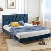 Zinus USB Queen Velvet Bed Frame Misty Blue | Upholstered Button Tufted |Bedroom Furniture