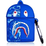 3D Protective Cartoon Fashion Airpods Cases for Airpods 1&2 Cute Silicone Cases-Blue Shark Bag
