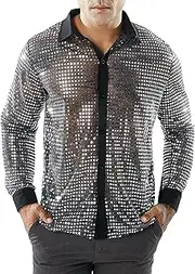 [FEOYA] Mens Shiny Sequin Shirt Long/Short Sleeve Button Down Metallic Shirts Sparkly Glitter Top Fancy Dress Shirts Costume Disco Fashion Suit for Party Dance Nightclub S-XXL