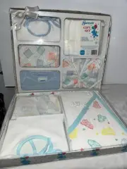 NOS Vintage Spencer’s Gift Set Baby Blue Bib Diaper Short Sheet Hooded Towel