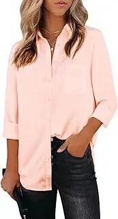[Aoudery] Womens Button Down Shirts Dress Shirts Long Sleeve Collared Blouses V Neck Work Office Tunic Chiffon Tops