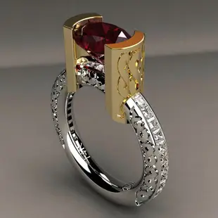 臻榮歐美跨境外貿飾品新款 仿真紅寶石鉆戒 鍍18k黃金分色戒指女