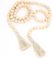 58 inches Natural Wood Bead Garland with Tassels Farmhouse Rustic Nature