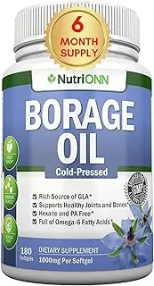 Borage Oil - 1000 mg - 180 Softgels - Cold Pressed High GLA Borage Seed Oil - Hexane and PA Free - Great for Skin, Joints and Bones. Supports Healthy Hormonal Balance and Heart Health