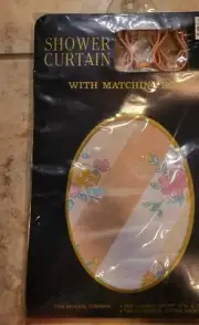 NEW NOS vintage pink roses peach stripe standard shower curtain with 12 hooks