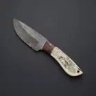Damascus Steel Skinner Knife with Leather Sheath,Handmade Scrimshaw Art on Bone