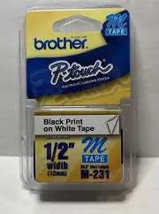 Brother P-Touch M-Tape 1/2 inch Width (12mm) - Black Print on White Tape, M-231