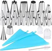 Cake Piping Nozzles, 32pcs Icing Piping Tips Set, Including 25 Small Piping Tips(5 Big), Grass Tip, Puffs Tip, Clean Brush, Couplers, Piping Bags, Decorating Tools for Cakes Cupcakes Decorations