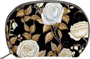 Travel Toiletry Bag,Small Makeup Bag,White Rose Flower Golden Leaves,Make up Bags for Women