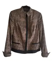 Tahari Jacket Mandarin Collar Snap Front Poly/Nylon Brown Black Trimmed S 10 NWT