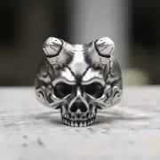 Handmade 925 Sterling Silver Demon Skull Ring - Unique Gothic Horned Devil Biker