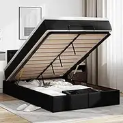 vidaxl King Single Black Faux Leather Ottoman Bed Frame with Pocket Spring Mattress and Storage - Modern Bedroom Furniture with led Lights