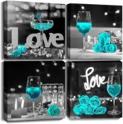 Teal Rose Canvas Wall Art Framed 12X12 for Living Room Decor Modern Flower with