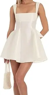 [Generic] Women Sexy Backless Bow Knot Tie Back Stain Mini Dress Dress Ruffle Ruched Strap Flowy Short Dress