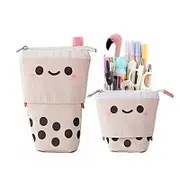Catzon Cute Pen Pencil Telescopic Holder Pop Up Stationery Case Smile Face Dot Organizer -Beige