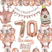 Xugoox 37 Pcs 70th Birthday Decorations Balloons, Rose Gold Happy 70th Birthday Banner Balloons, Triangle Flag, Seventy Birthday Tiara Star Heart Foil Balloons for Women 70 Years Old Party Decor