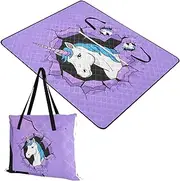 Yoogain Packable Blanket Soft Hiking Foldable Mat for Adults Picnic Items Funny Cartoon Wall Unicorns Purple 60x80in