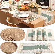 Gandeer Boho Placemats 4/6 Set of Round Woven Placemats Macrame Style Bicolor Stitching Long Table Runner Farmhouse Rustic Natural Burlap Cotton for Kitchen Dining Table Home(Green,4 Sets)