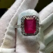 Natural 4CT Emerald Cut Red Ruby Halo Engagement Ring/ July Birthstone