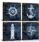 Nautical Canvas Wall Art Navy Blue Boat Anchor Paintings Helm Drawing Compass