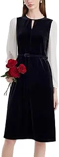 [GOELIA] Womens Pleated Long Sleeve Velvet Dress with Belt Fitted Black Mini Dresses Work Dinner Business