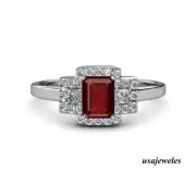 1.55CT Emerald Cut Red Ruby Engagement Wedding Jewelry Ring 14K White Gold FN