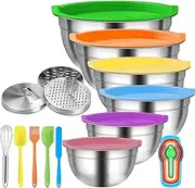 Menbyci 6 Pcs Mixing Bowls with Lids,Stainless Steel Mixing Bowls with 3 Grater Attachments,Kitchen Utensils,Mixing Bowl Set for Kitchen Baking Prepping Cooking Serving,Colorful