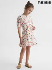 Reiss Ivory Print Freeda 9-12 yrs Heart Print Linen Mini Dress (C58041) | $155