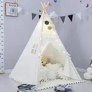 Teepee Tent for Kids with Padded Mat, Foldable Play Tent with Carry Bag for Indoor Outdoor, Pompom Lace Cotton Canvas Playhouse Tipi for Girls Boys (Square Mat)