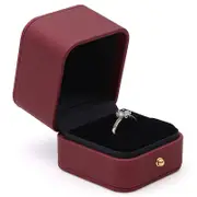 Engagement Ring Box Square Leather Velvet Ring Bearer Box Single Slot for Proposal and Wedding-Red