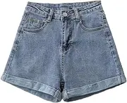 [Jegsnoe] Women Casual Denim Shorts with Pocket Button Up High Waist A-Line Jean Shorts