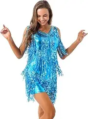 [Rswnyirn] Women Jazz Latin Dance Cha-cha Tango Samba Rumba Performance Costume Sequins Tassel Leotard Dress Dancewear