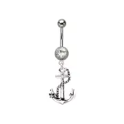 Navel Ring Dangling Nautical Anchor with Clear Gem 14G