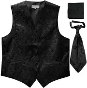 New Men's Paisley Tuxedo Vest Waistcoat & Ascot Cravat & Hankie Wedding Black