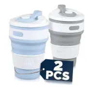 2-Pack Collapsible Coffee Cups Reusable – 12oz Leakproof Coffee Grey + Blue